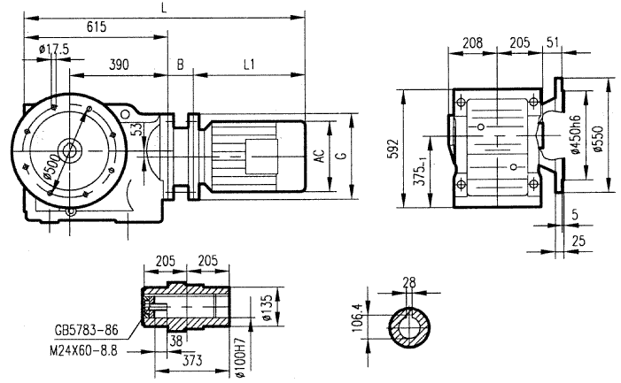 GKAF127型斜齒輪弧齒錐齒輪減速電機(jī)安裝結(jié)構(gòu)圖尺寸